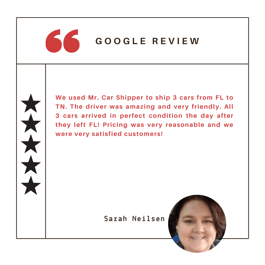 We used Mr. Car Shipper to ship 3 cars from FL to TN. The driver was amazing and very friendly. All 3 cars arrived in perfect condition the day after they left FL! Pricing was very reasonable and we were very satisfied customers!